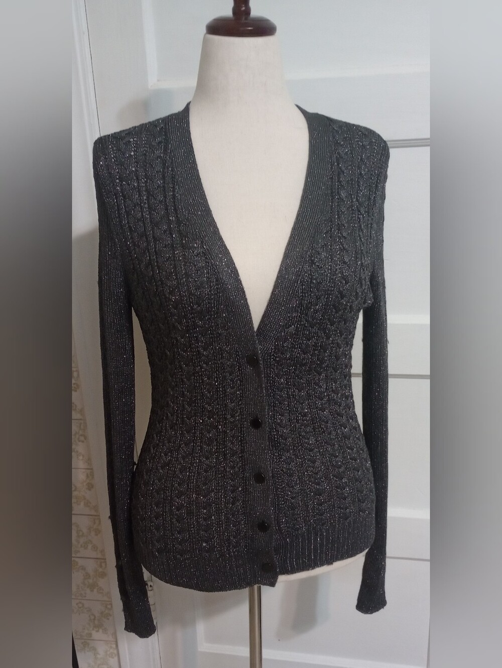 Ann Taylor Women’s Charcoal Shimmer Cable Knit Cardigan Sweater - Size M